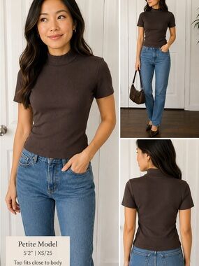 Babaton Aritzia Ribbed Mock Neck Top Brown Stretch Fitted Tee  Clean Girl Size M